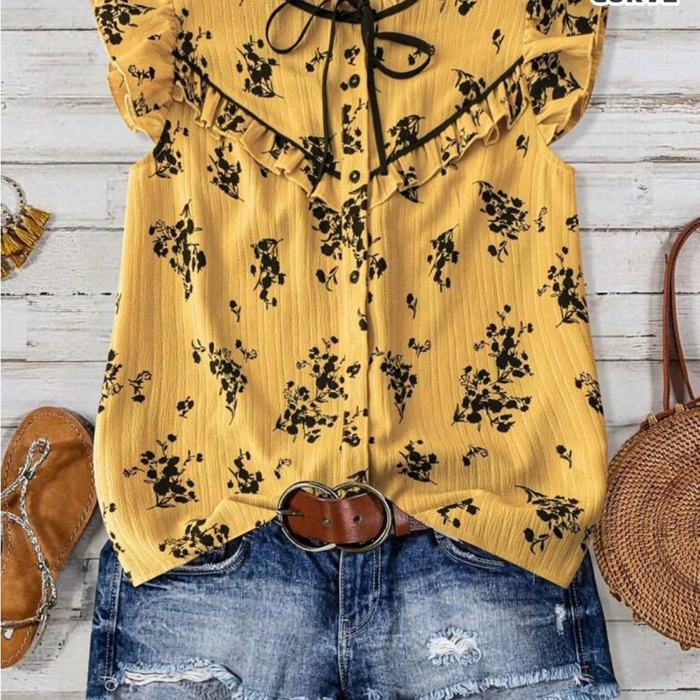 SHEIN Mustard Floral Blouse with Black Details